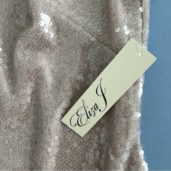 NWT Eliza J Sequin Neutral Blush Ruffled A-Line Asymmetric Ruffle Hem Dress - Picture 6 of 8